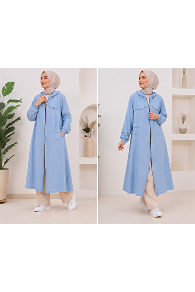 Genel Markalar Buz Mavisi Kapüşonlu Fermuarlı Tesettür Kap & Ferace 125 cm – ...