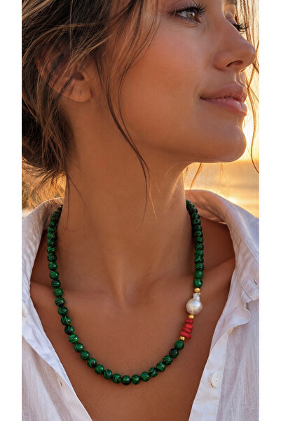 nevaastil takı & aksesuar Crimped Malachite Natural Stone Real Pearl Coral Na...
