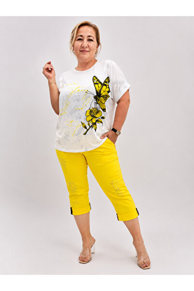 DARKWIN Plus Size Stone Embellished Butterfly Print Crew Neck Women's Blouse