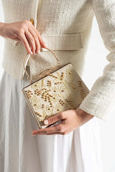 Lebibe Shoes Pearly Women's Beige Embroidered Pearl Detailed Metal Handle Eve...