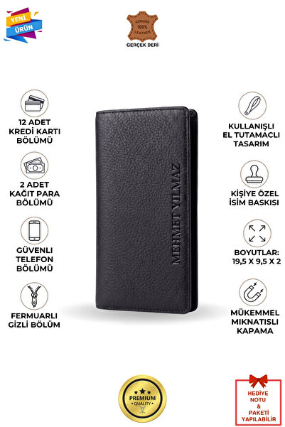 VANİLLA COLLECTİON İsim Baskılı Hakiki Deri Portföy Telefon Bölmeli Unisex Cüzdan Siyah
