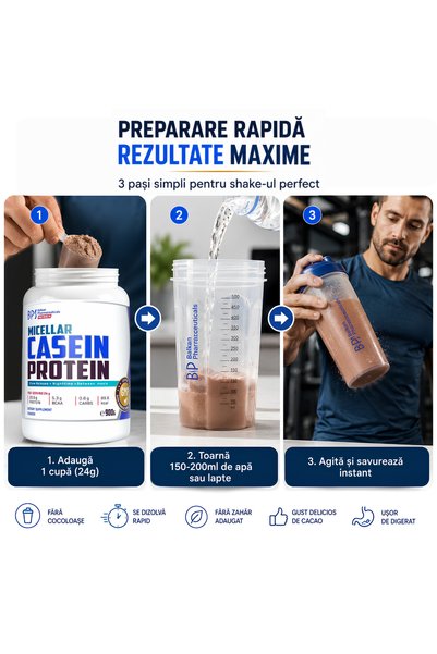Balkan Pharmaceuticals Proteina Micelara Caseina, 20.6g Proteina, 5.3g BCAA, Recuperare Nocturna, Eliberare Lenta Slow Release 900g, Continut Redus de Grasimi, Fara Zahar Adaugat, Certificare GMP, 37 Portii
