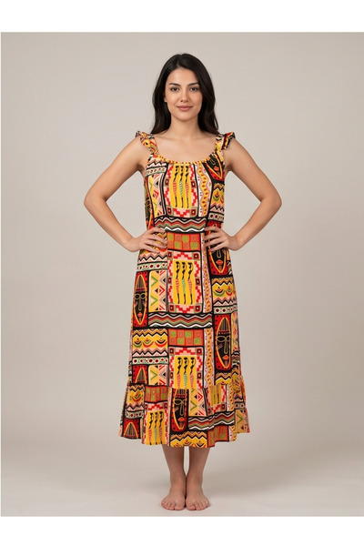 gökçesu Women's Strappy Patterned Summer Dress - Ruffle Detailed Strappy Midi...