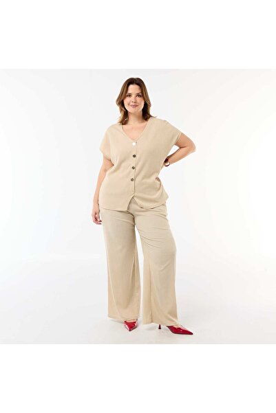 KIABI Wide-Leg Crepe Knit Pants BEIGE