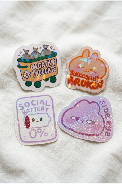 Plumie Hologram Laminasyonlu Kawaii Sticker Seti 4’lü | Laptop, Defter, Journ...