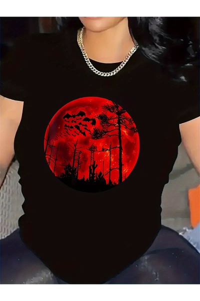 Astogria13 cotton T-Shirt with Red Moon Design Home/Outdoor Use, Durable Ligh...