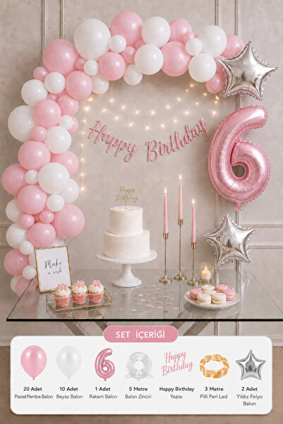 Baloncu Nene 6 Yaş Kız Çocuk Pastel Pembe Beyaz Doğum Günü Balon Seti Rakam B...