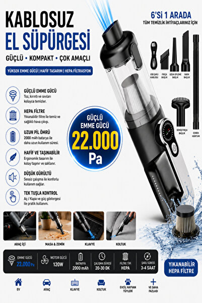 Zeo7 Işıklı Kablosuz Araç Süpürgesi – 22.000 Pa Güçlü Çekim, Vakum ve Üfleme,...