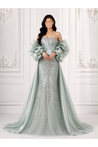 ranin Mint Green Evening Dress with Mikado Rusi Chest, Hand Embroidery, Jezar...