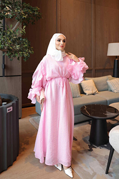 İmajButik Ροζ φόρεμα με μανίκια και δέσιμο στη μέση