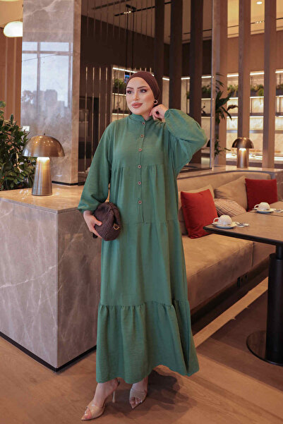 İmajButik Green Half Buttoned Sleeves Elastic Skirt Layered Dress