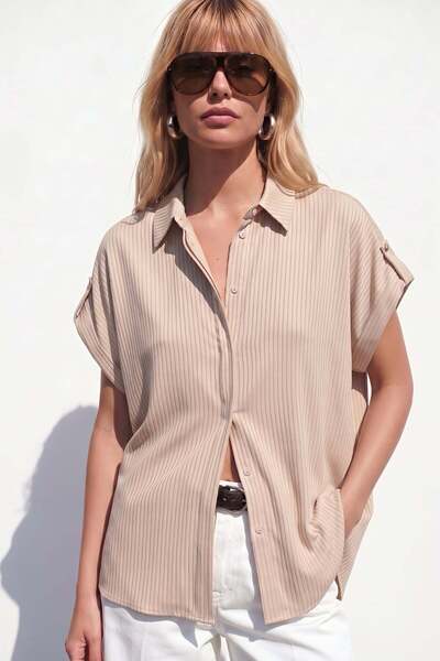 Sateen Striped Casual Short Sleeve Shirt - Beige