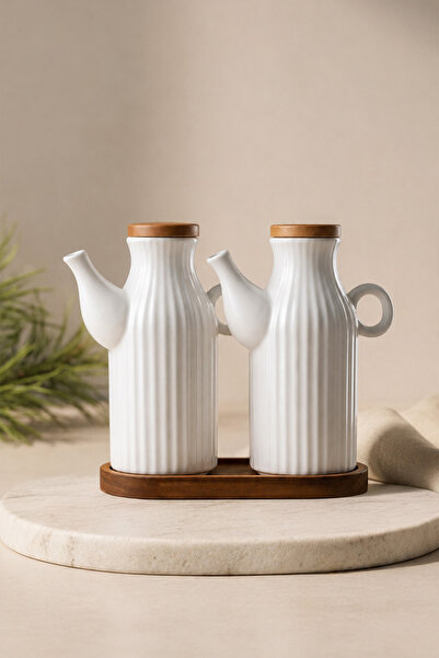 KHAKMA 1 Liter White Porcelain Oil Pot Set with Wooden Stand