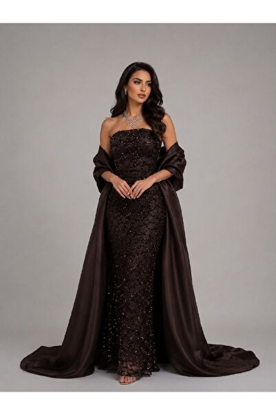 ranin Dark Brown Evening Dress Luxurious Embroidery and Elegant Evening Wear