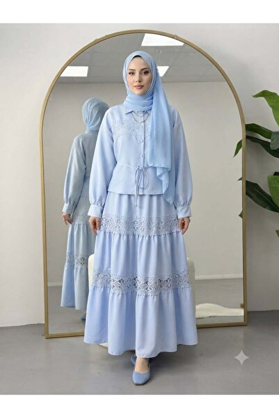 modasindoma Lace Trim Shirt and Skirt Set Blue