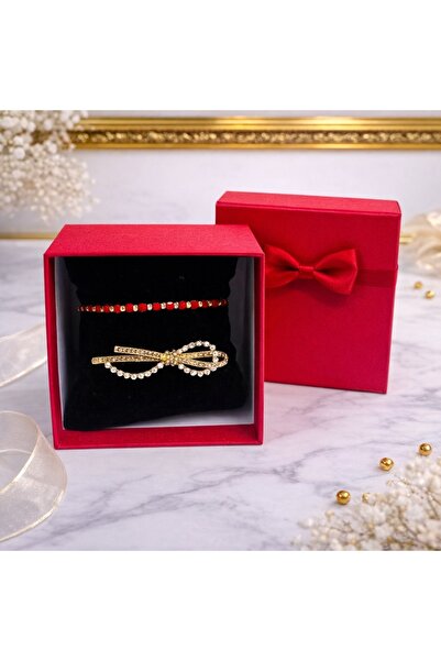 velve Set martisor premium, cu bratara rosu-auriu cu bilute si brosa straluci...