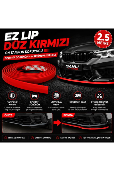 Şanlı Tuning EZ Lip Düz Kırmızı Ön Tampon Eki 2.5 Metre Universal Esnek Tampo...