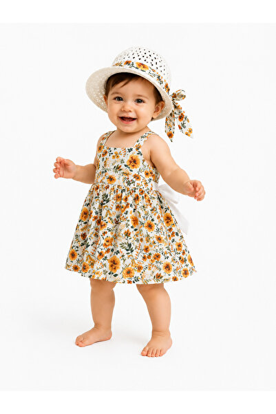 Chicsy Baby Kız Bebek Çiçek Desenli Askılı Elbise ve Şapka Takımı %100 Pamuk ...