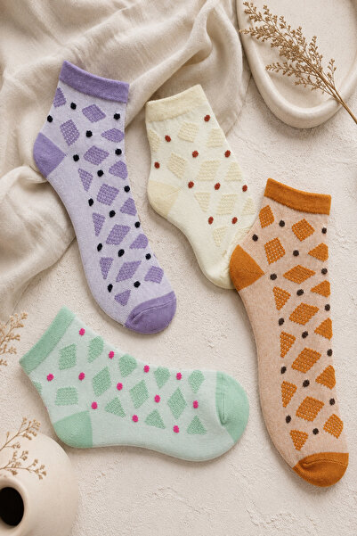 Meguca Socks 4 Çift Kadın Renkli Bambu Geometrik Desenli Çorap Seti