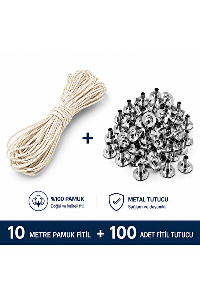 hk 10 Metre Pamuk Mum Fitili + 100 Adet Metal Fitil Tutucu Seti