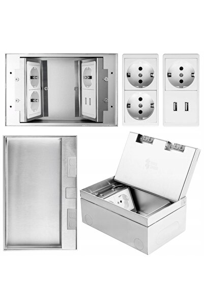 Spacetronik Priză electrică de podea triplă cu 2xUSB-A, încastrată, argintie