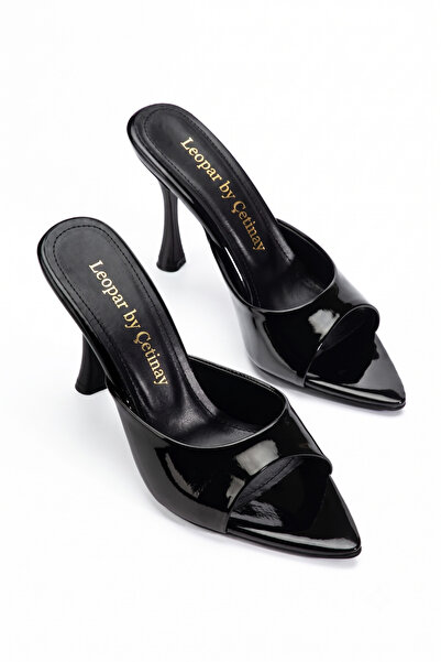 leopar by çetinay Marry Women's Patent Leather Black Pointed Toe Heeled Sandals