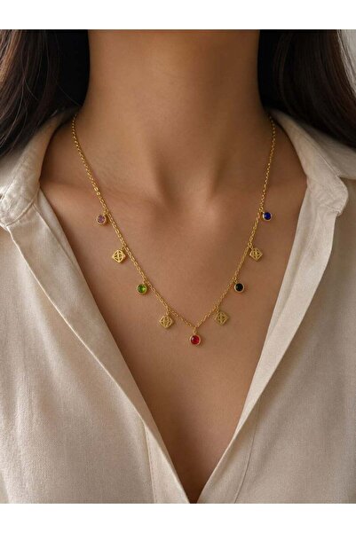 Generic Gold stainless steel necklace adorned with colorful stones and geomet...