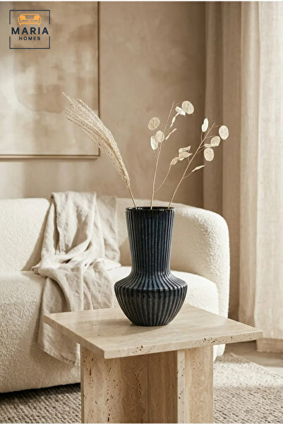 MARIA HOMES Blue Ribbed Decorative Vase, Modern Fluted Flower Holder with Tal...