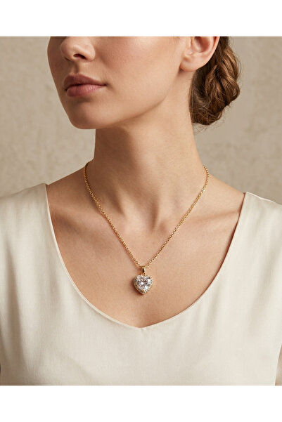 mia donna jewelry Mia Donna - Klasik Baget Zirkon Taşlı Kalp Çelik Kolye