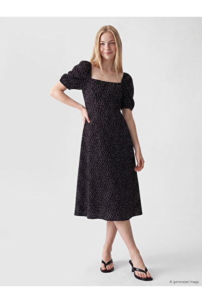 LC Waikiki Xside Black Square Neck Polka Dot Waist Fit Dress
