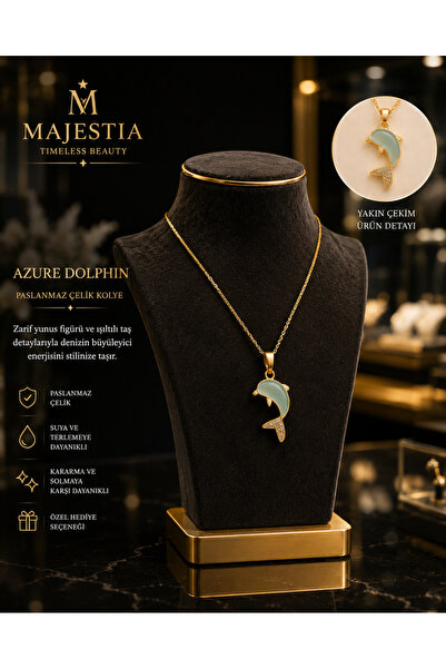 Majestia Azure Dolphin Yunus Figürlü Taşlı Kolye – Paslanmaz Çelik Altın Renk...