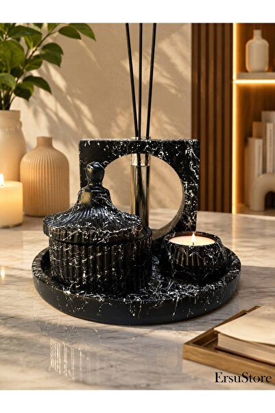 ersu store Mermer Desen Vernikli Kokulu Soya Mum, Vazo, Tea light Tepsi Ve Si...