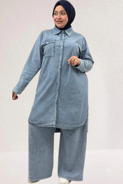 eslamood 68025 Plus Size Pocketed Buttoned Denim Shirt - Snow Wash Ice Blue