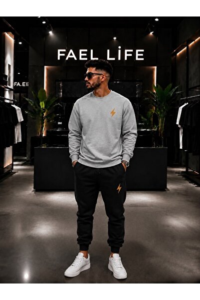 FAEL LİFE Unisex Wide Cut Zero Neck and Sweatpants Set with Lightning Print