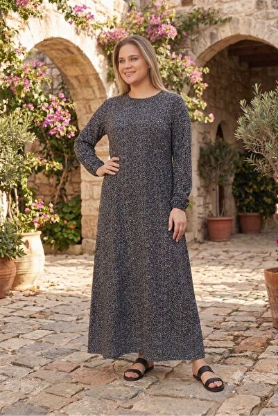 Asel Women's Patterned Plus Size Stretch Fabric Combed Cotton Long Hijab Dress