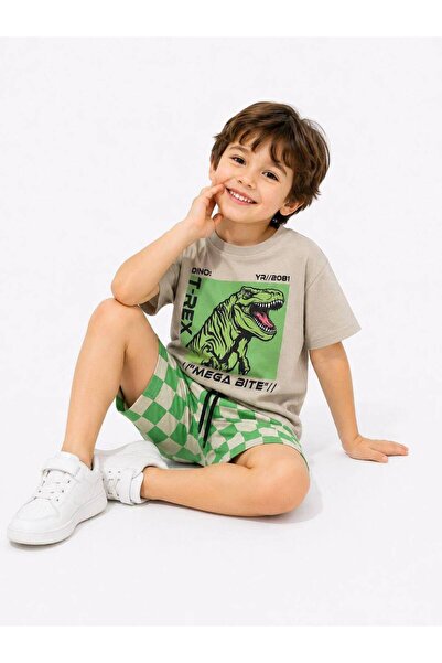 YİGİT BUTİK Boys Dinosaur Print T-Shirt Shorts Set Summer Top and Bottom Outfit