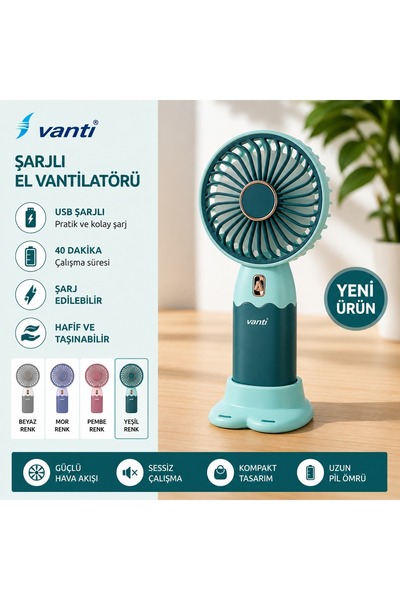 Vanti USB Şarjlı El Vantilatörü Taşınabilir Mini Fan Sessiz Masaüstü El Fanı ...