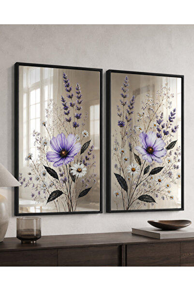 sümercam Mor Kozmos Çiçekli Botanik Aynalı Tablo Seti 58x40 cm