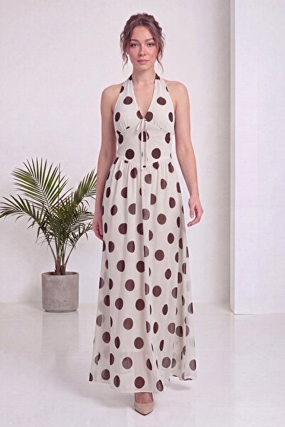 zks grup tekstil Women's Polka Dot Halter Neck V-Neck Maxi Length Woven Dress...