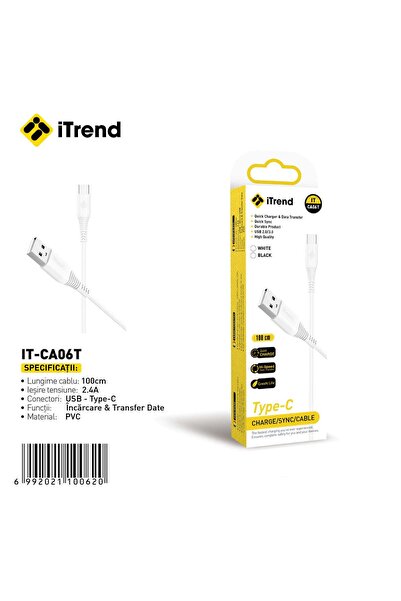 itrend Cablu USB-A la USB-C iTrend, 1 m, Încărcare Rapidă 2.4A, PVC, Alb