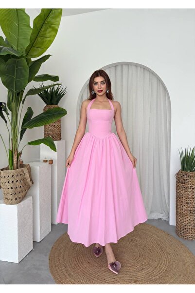 YURELİ Korsaj Detaylı Halter Yaka Prenses Poplin Maxi Elbise