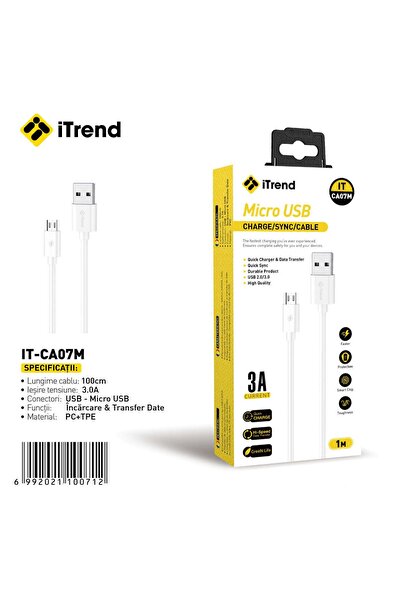 itrend Cablu USB-A la Micro USB iTrend, 1 m, Încărcare Rapidă 3A, PC + TPE, Alb