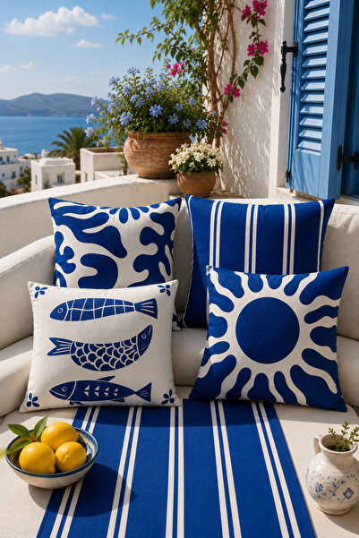 stellahomes Blue and White Mediterranean Patterned 4-Piece Decorative Throw P...