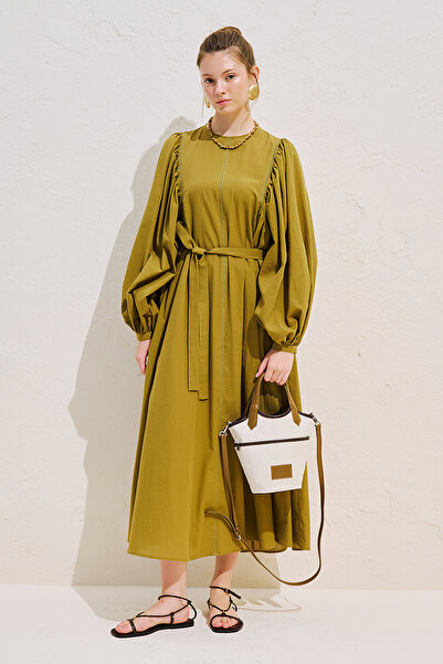 Manuka Ribbed Detail Wide Sleeves Long Dress Oil Green