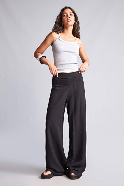 DeFacto Wide Leg Regular Waist Standard Length Linen Blend Black Trousers I47...