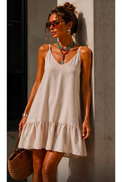 LinichandCo Linen Look Fabric Low-Cut Dress with Adjustable Straps