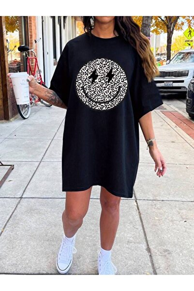 JANTIL MODA Black Women's Oversize Cut Printed Long Tunic - Crew Neck