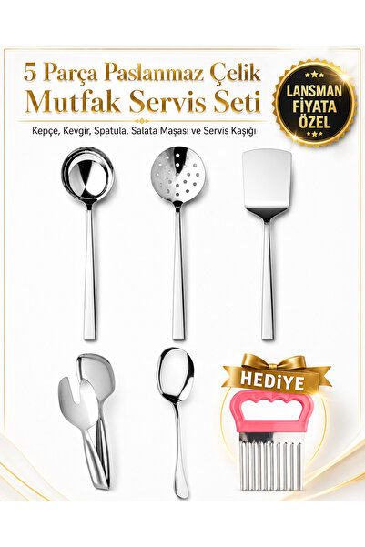 Birpa 5 Parça Paslanmaz Çelik Mutfak Servis Seti – Kepçe, Kevgir, Spatula, Sa...