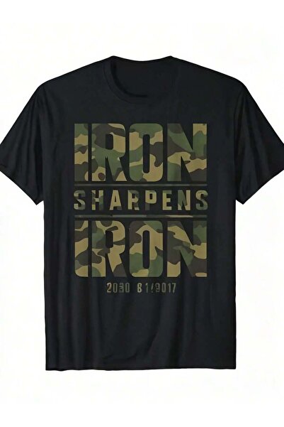 KYMC07 Men'S Camo T-Shirt| Iron Sharpens Graphic Black With Green Brown Camou...
