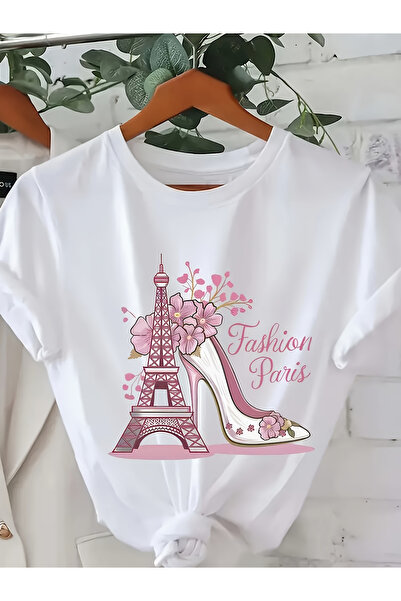 121 Women's Short-Sleeved Oversized T-Shirt, Eiffel Tower Print, High-Rise Bl...